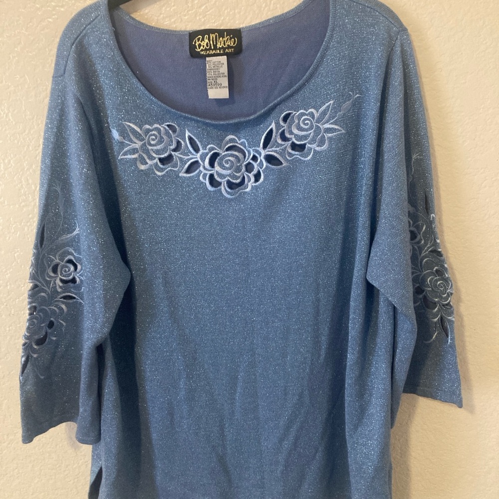 Bob Mackie Sparkling Blue Floral  cut out Top